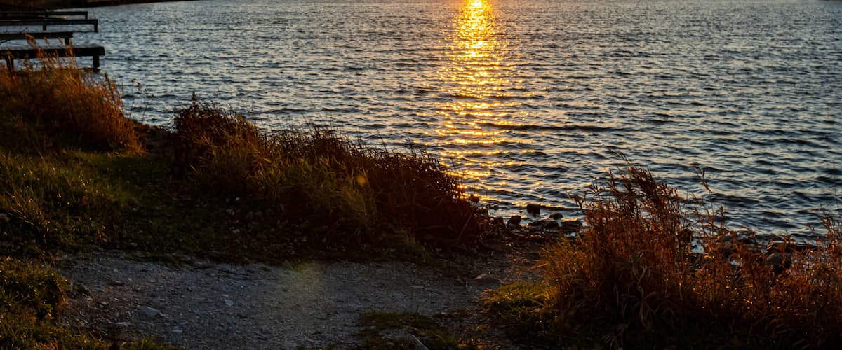 A sunset over a calm lake with a bench and grassy banks.