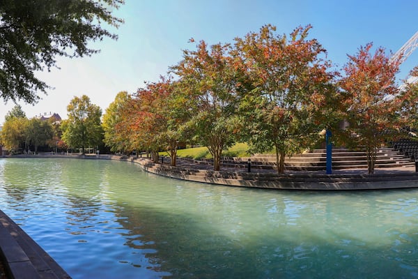 a stunning autumn landscape at World's Fair Park with a pool with blue water surrounded by red and yellow autumn trees and lush green trees and plants with a gorgeous blue sky in Knoxville