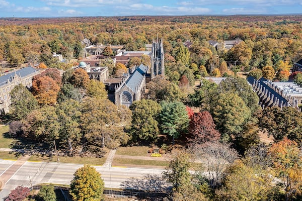 The University of the South in Sewanee Tennessee aerial view of the tower, chapel and the observatory on the Cumberland Plateau Mountain. Beautiful October autumn day with fall colorful foliage.