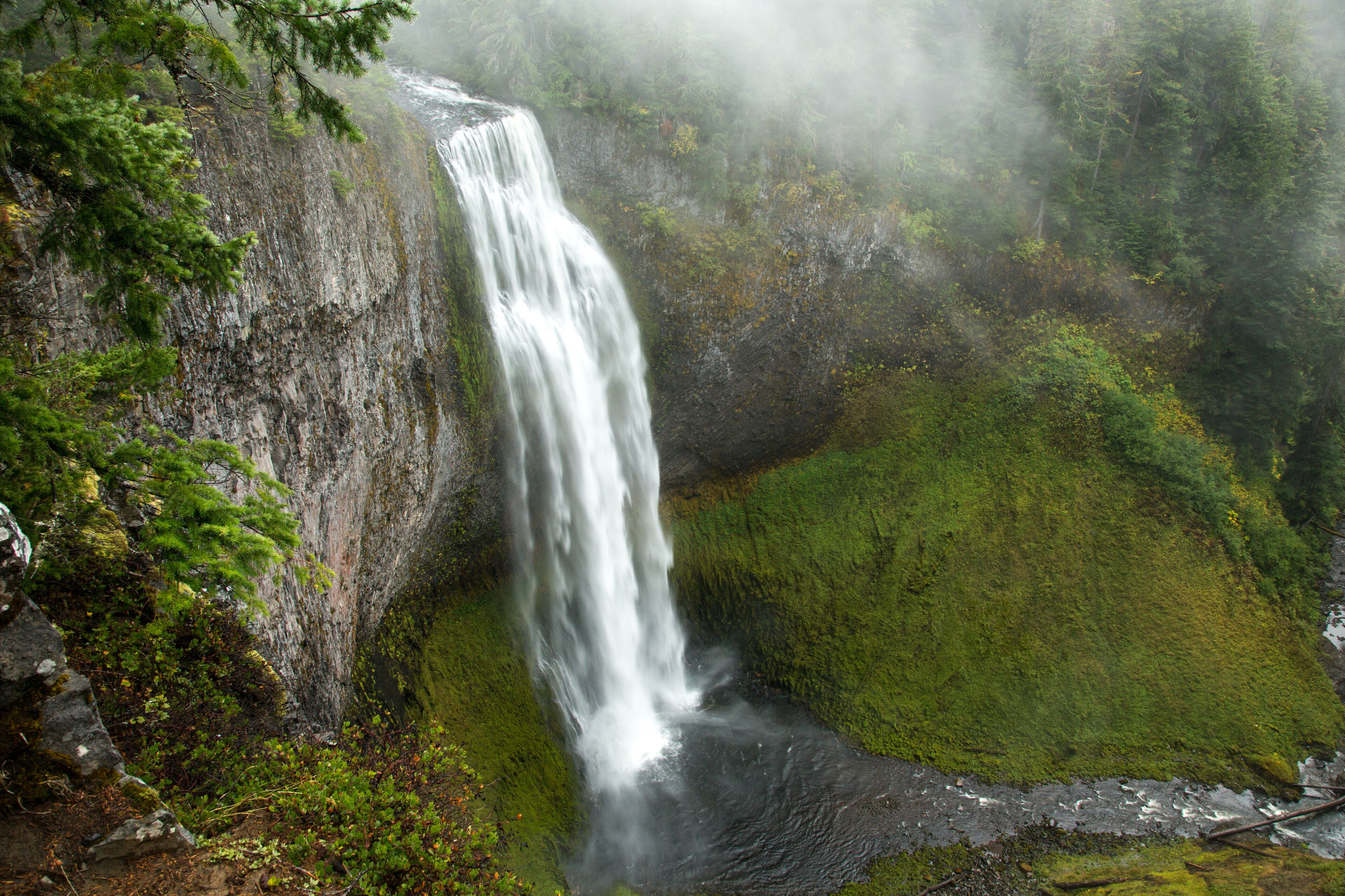 Salt Creek Falls on a foggy morning, near the summit of the Willamette pass on state Highway 58 east of Oakridge, Oregon.