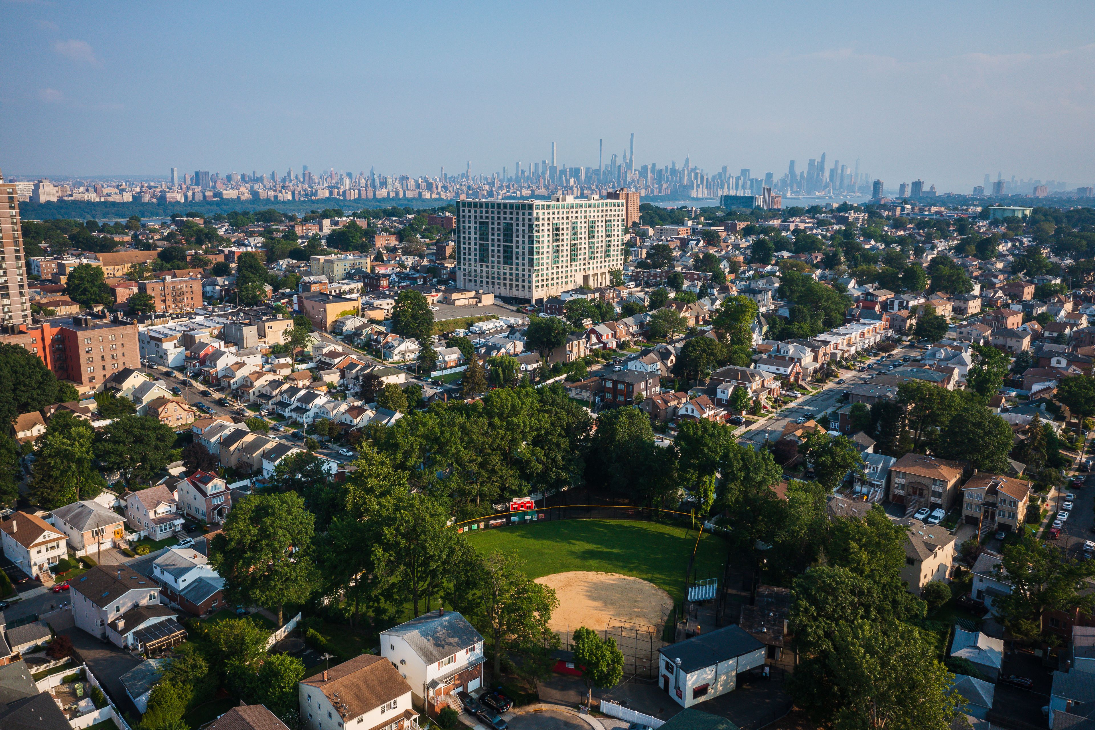 Aerial of Fort Lee New Jersey Showing NYC Skyline