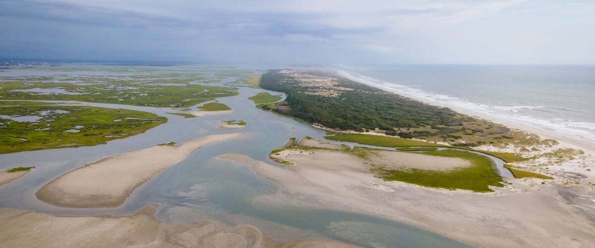 Aerial View of Bear Island and Hammocks Beach State Park in Onslow County, North Carolina