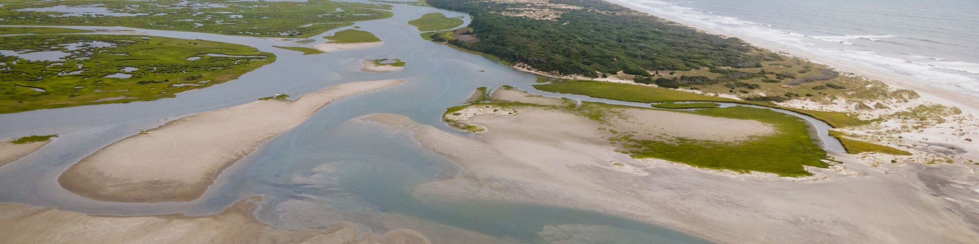 Aerial View of Bear Island and Hammocks Beach State Park in Onslow County, North Carolina