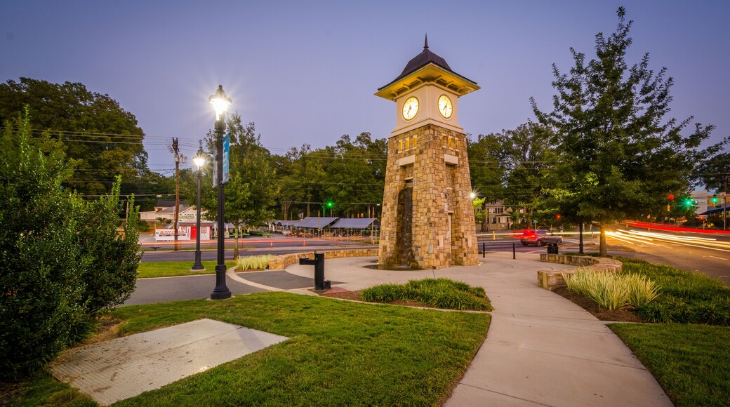 Clock tower at night, along the Little Sugar Creek Greenway, in
