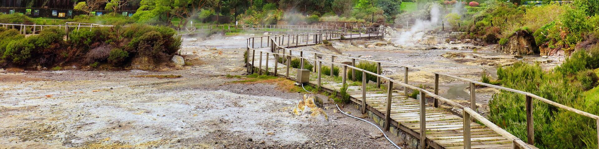 Un valle boscoso con campos de arroz en terrazas y una pasarela de madera.