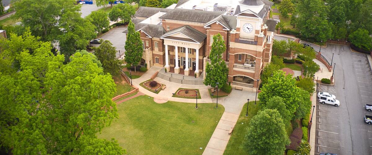 Aerial view of City town hall building in Duluth, GA