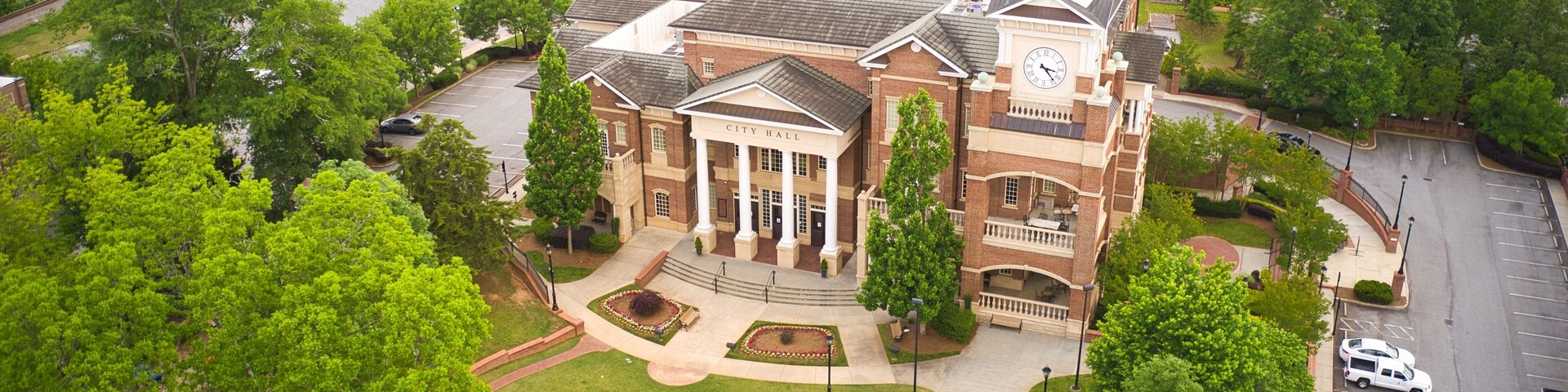 Aerial view of City town hall building in Duluth, GA