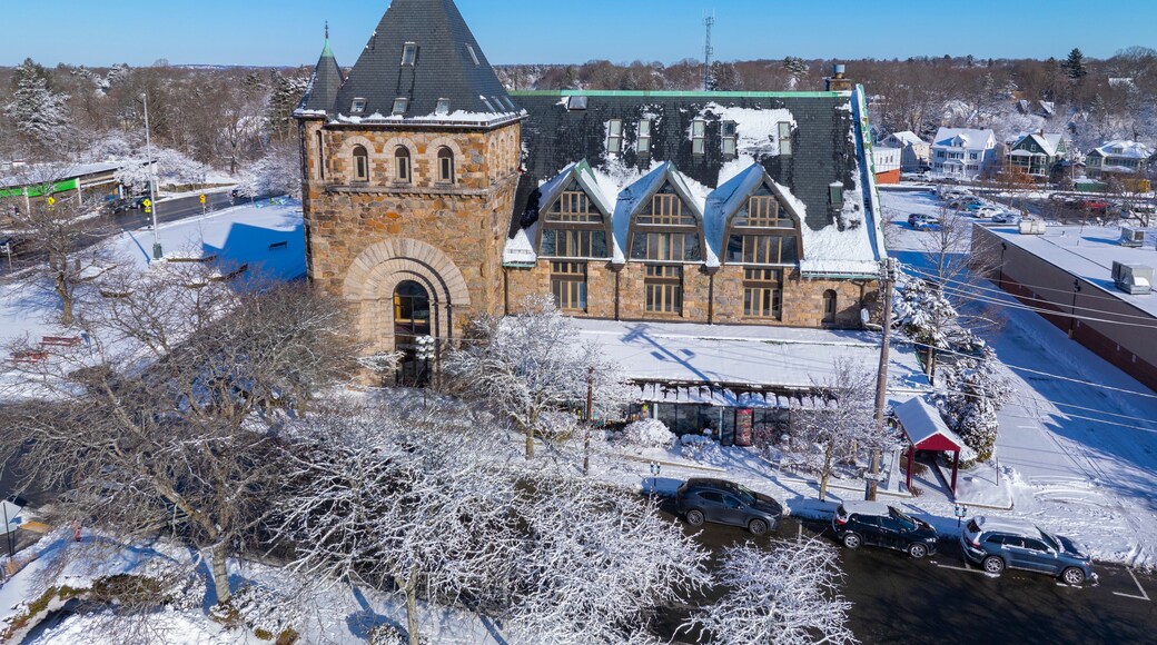 Newton Centre Methodist Episcopal Church aerial view in winter at 10 Langley Road at Newton Centre in city of Newton, Massachusetts MA, USA.