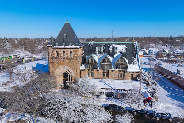 Newton Centre Methodist Episcopal Church aerial view in winter at 10 Langley Road at Newton Centre in city of Newton, Massachusetts MA, USA.