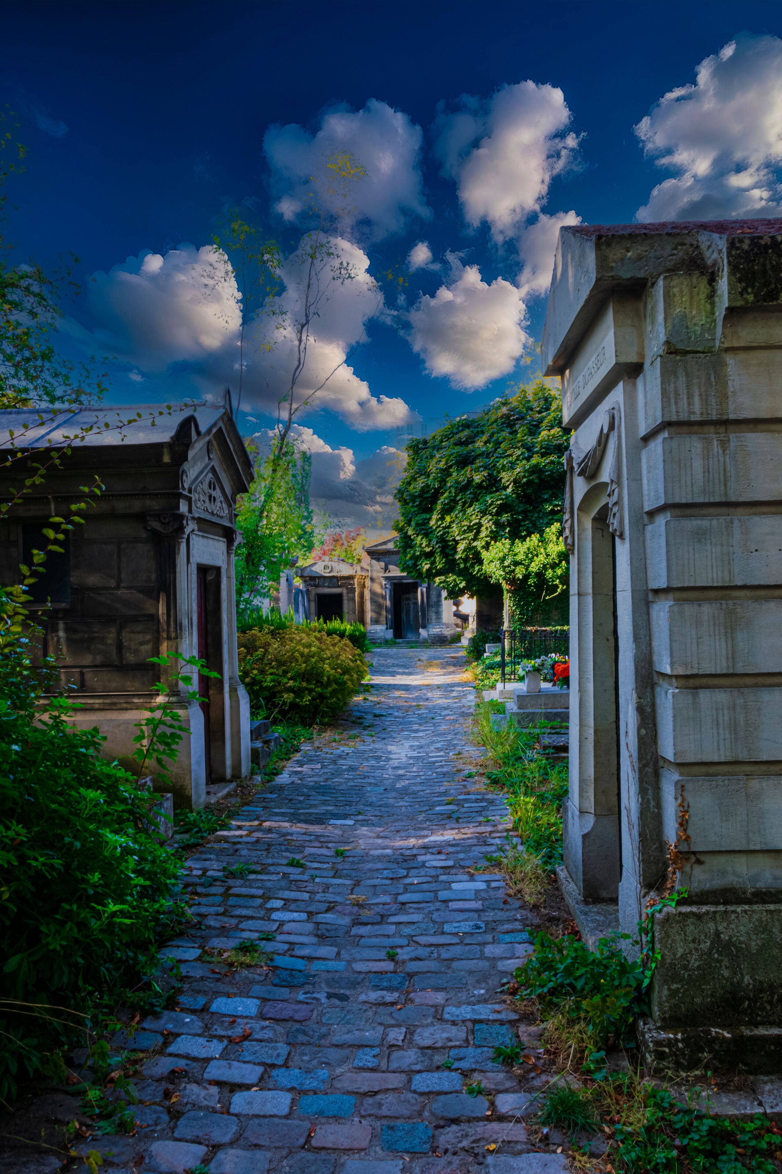 A cobblestone pathway flanked by stone buildings and lush greenery under a partly cloudy sky.