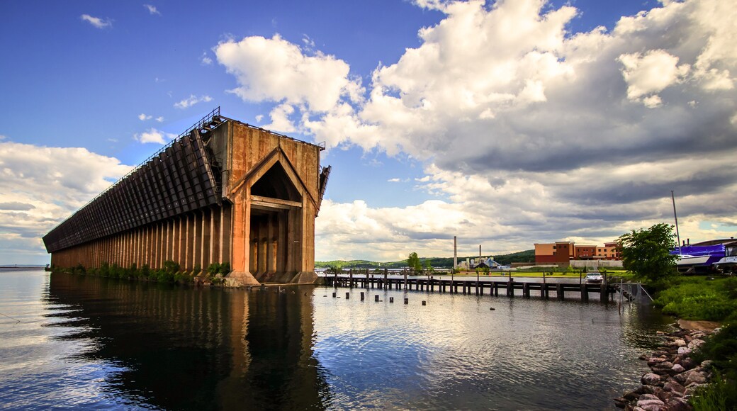 Marquette Michigan Downtown Waterfront District. Iron ore docks and Lake Superior shore of the downtown waterfront district of Marquette Michigan.
