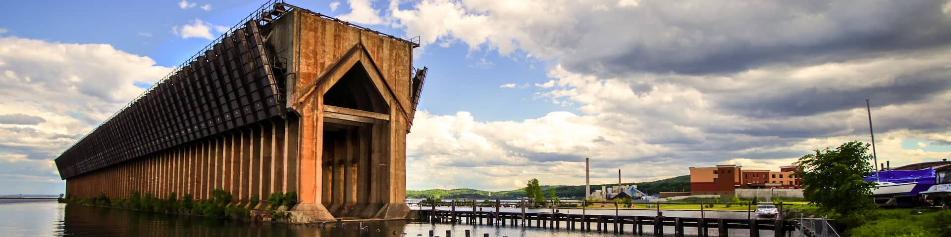 Marquette Michigan Downtown Waterfront District. Iron ore docks and Lake Superior shore of the downtown waterfront district of Marquette Michigan.