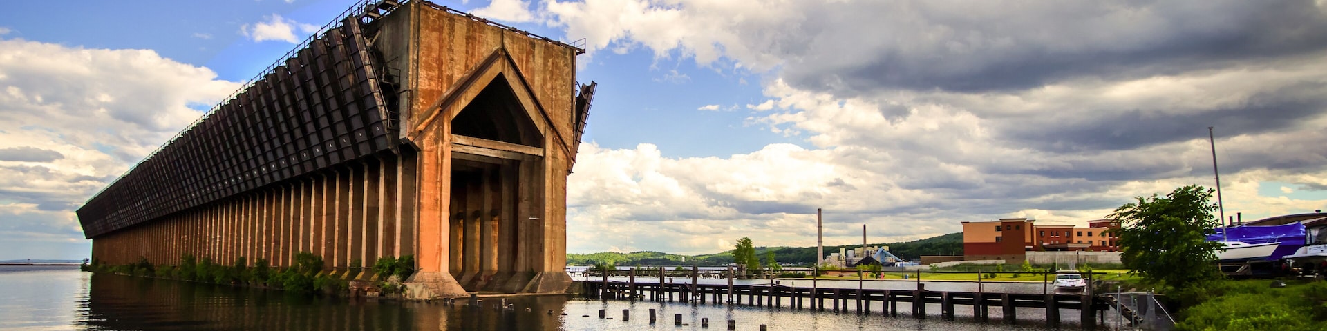 Marquette Michigan Downtown Waterfront District. Iron ore docks and Lake Superior shore of the downtown waterfront district of Marquette Michigan.