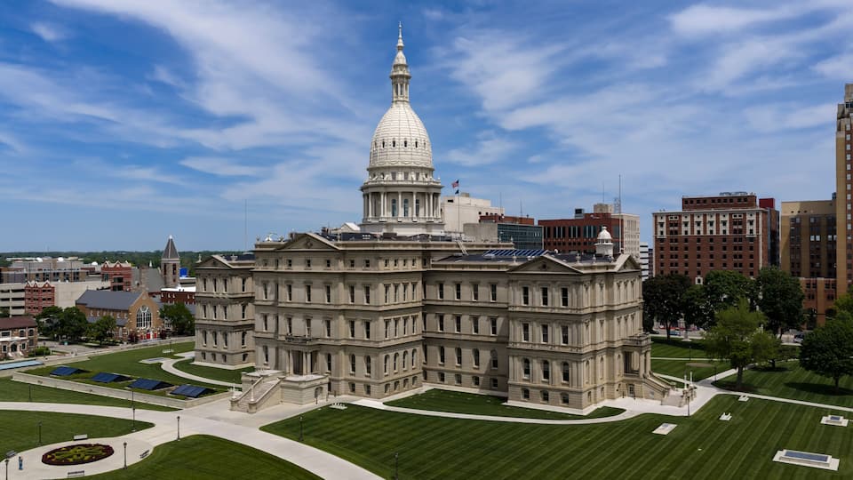 Michigan State Capitol Lansing Aerial View of Historic Dome and Michigan Government Landmark