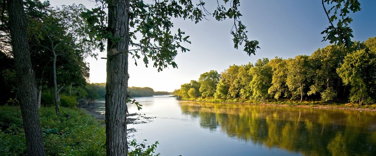 Early morning light on the shore of the Kankakee River in northern Illinois, USA.