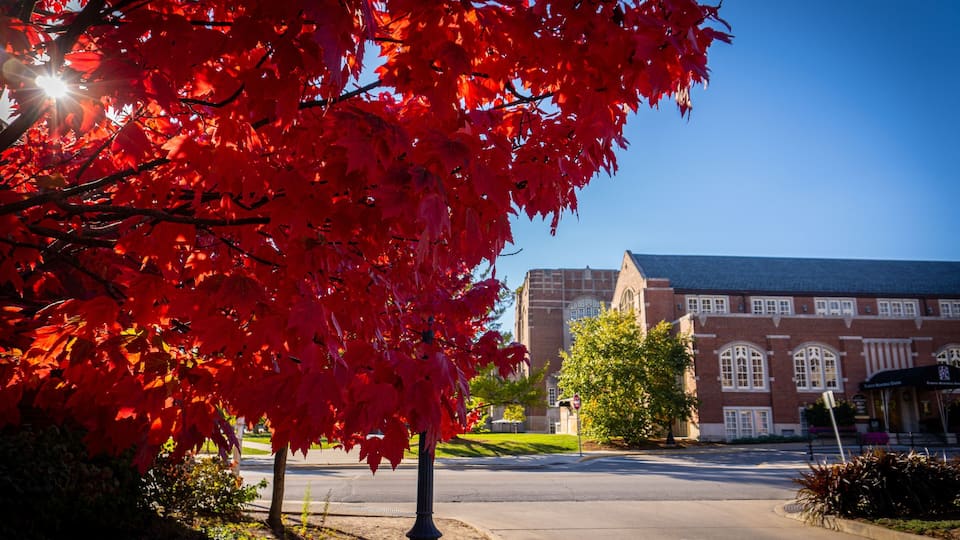 Red leaves against the Purdue University in autumn in West Lafayette, Indiana