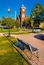 Bench and a church on the town square in New Oxford, Pennsylvani