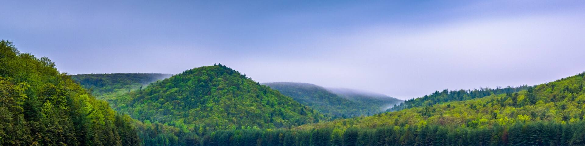 A calm lake surrounded by lush green hills under a cloudy sky.