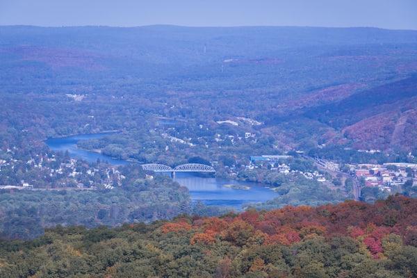 Tri state view from NJ Appalachian Trail Delaware River separates Port Jervis NY and Matamoras PA fall foliage