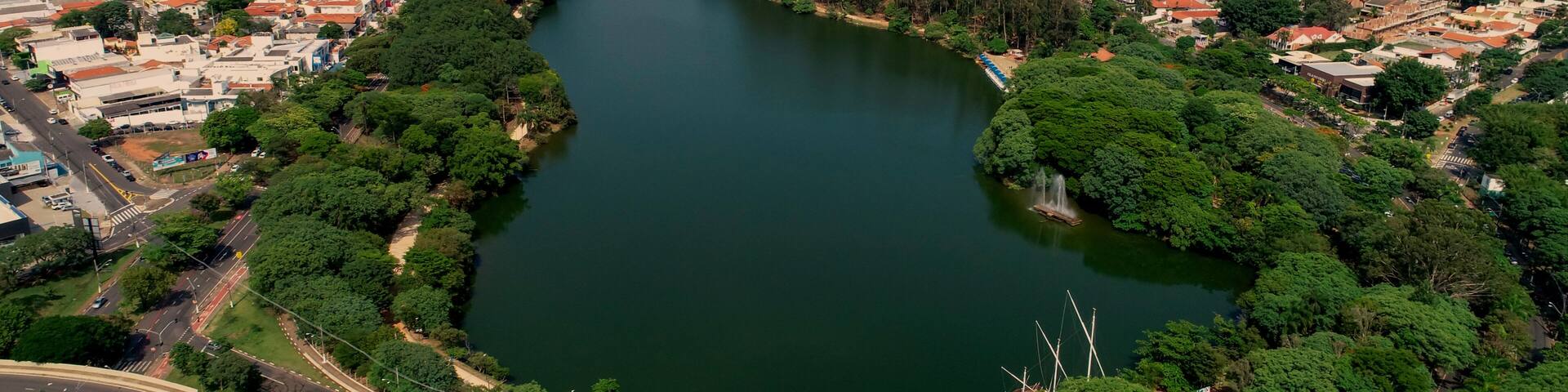 A river winding through a city with dense greenery and a distant urban skyline.