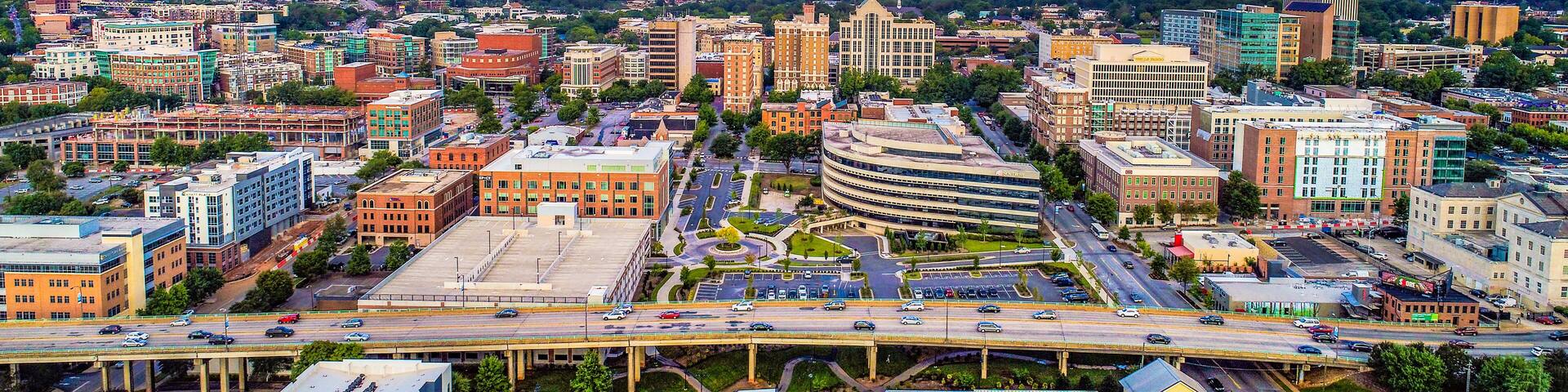 Aerial of Downtown Greenville SC South Carolina Skyline