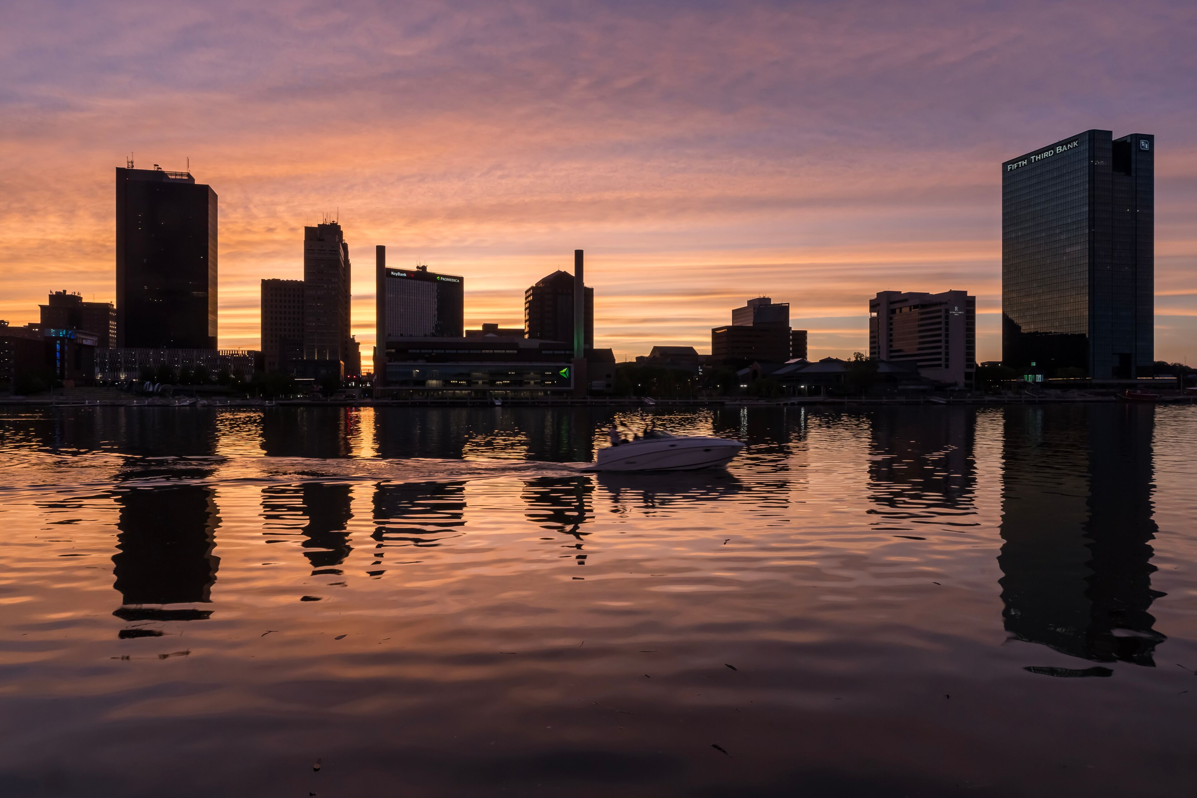 Toledo Ohio Sunset Over Maumee River and Historic Glass City Skyline Great Lakes Port