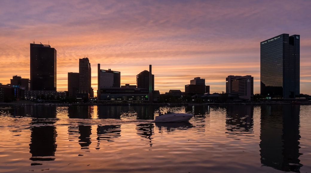 Toledo Ohio Sunset Over Maumee River and Historic Glass City Skyline Great Lakes Port