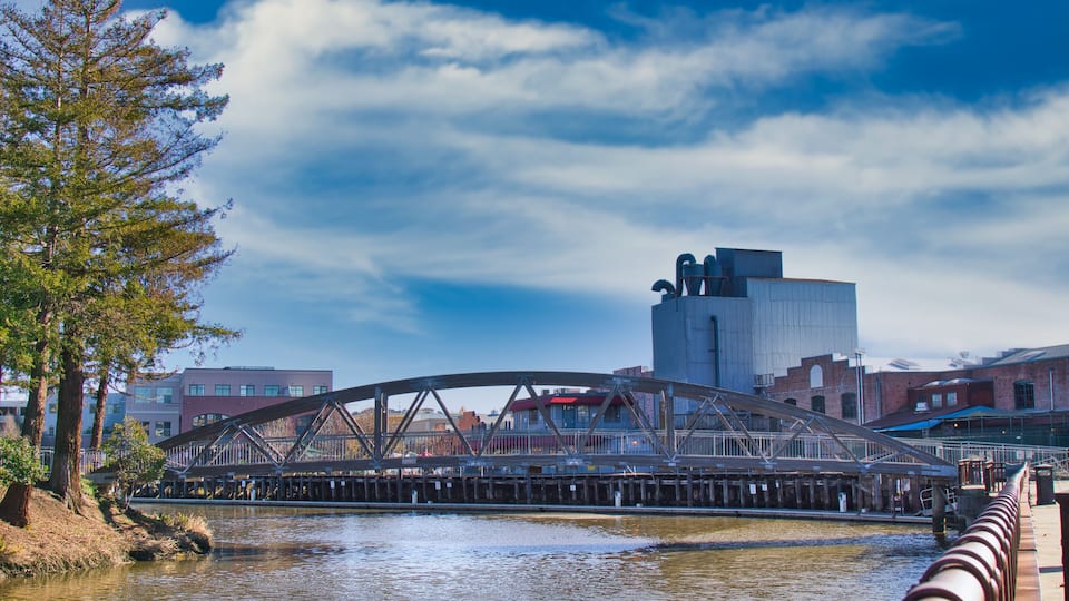 Pedestrian. Bridge across turning basin in Petaluma, CA.