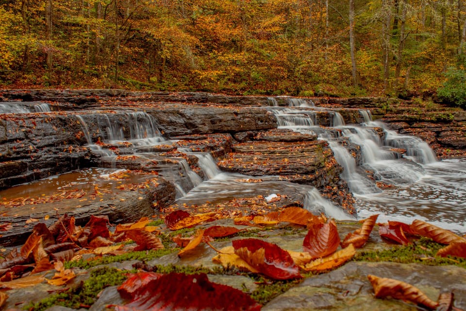 Cachoeira despencando sobre terreno rochoso, com folhas de outono espalhadas.