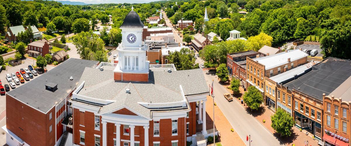 Aerial view of Tennessee's oldest town, Jonesborough and its courthouse. Jonesborough was founded in 1779 and it was the capital for the failed 14th State of the US, known as the State of Franklin