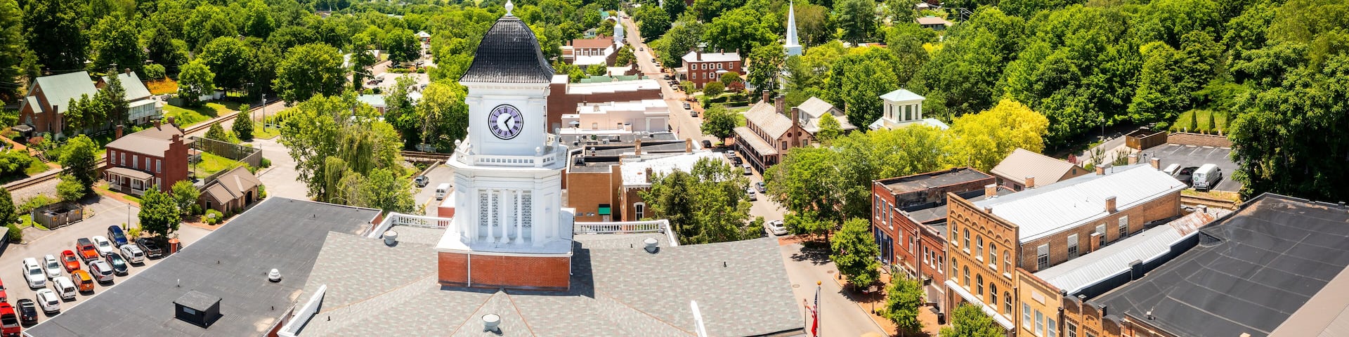 Aerial view of Tennessee's oldest town, Jonesborough and its courthouse. Jonesborough was founded in 1779 and it was the capital for the failed 14th State of the US, known as the State of Franklin