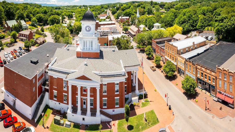 Aerial view of Tennessee's oldest town, Jonesborough and its courthouse. Jonesborough was founded in 1779 and it was the capital for the failed 14th State of the US, known as the State of Franklin