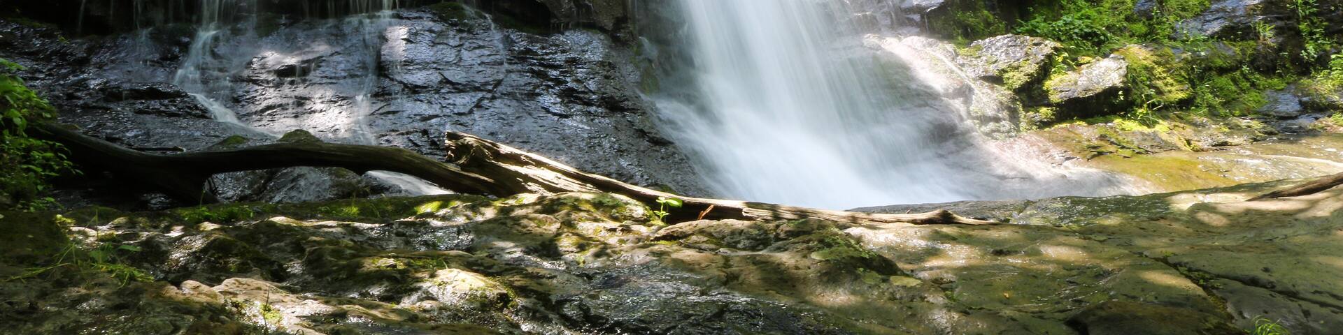 Una cascada que fluye sobre rocas en un área boscosa.