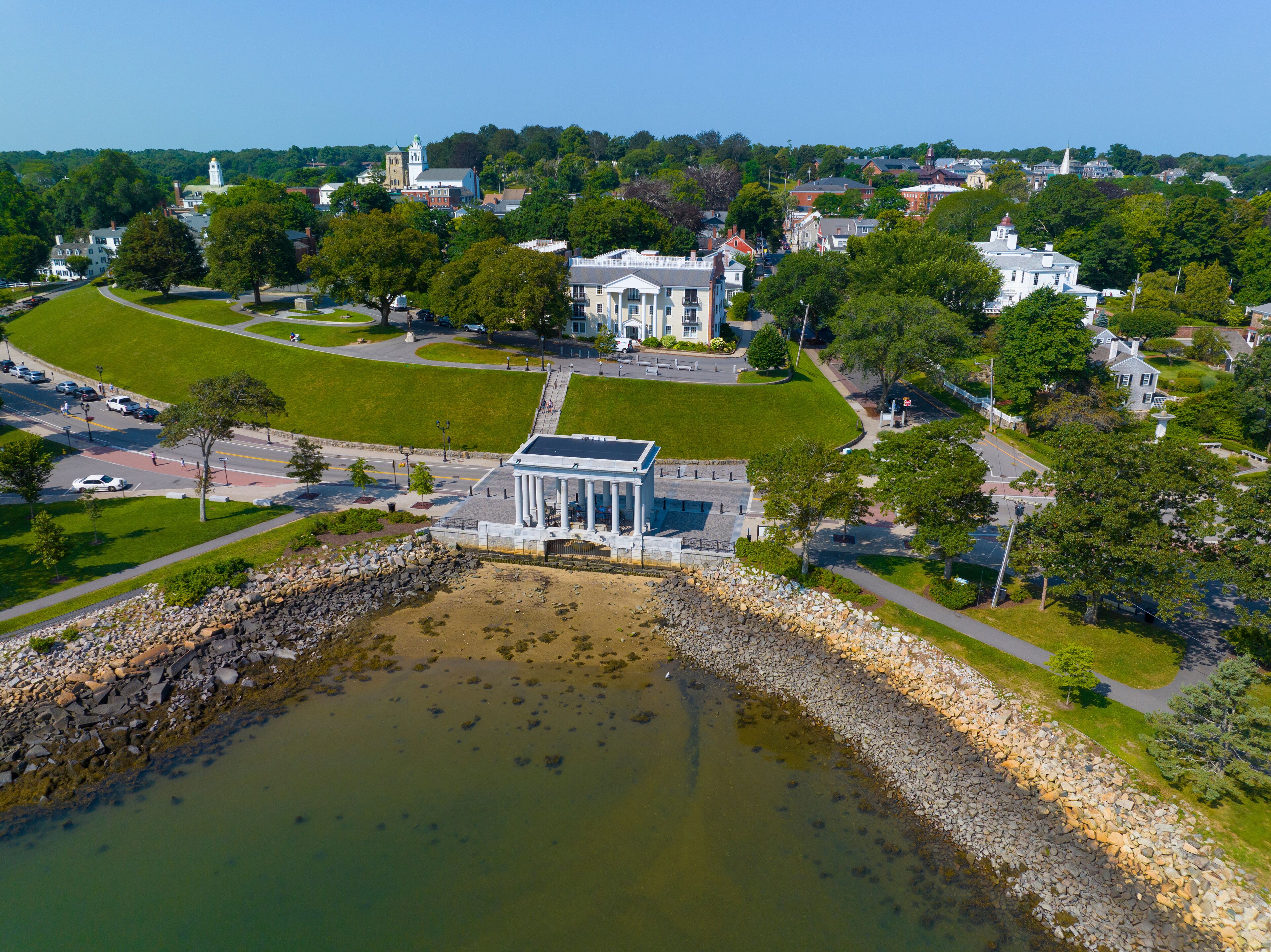 Plymouth historic town center aerial view including Plymouth Rock building on waterfront, Plymouth, Massachusetts MA, USA. 