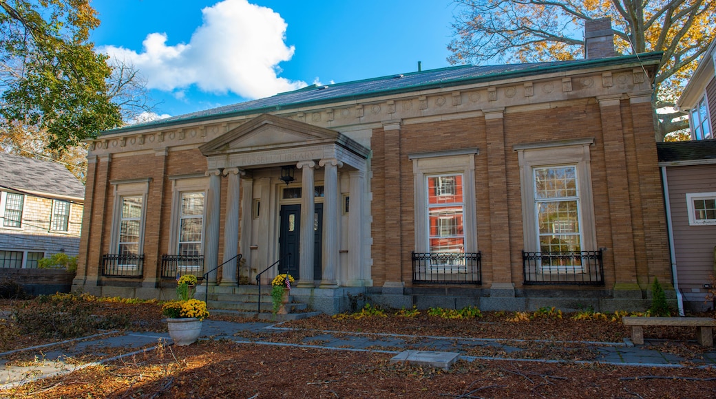 Russell Library at 13 North Street in historic town center of Plymouth, Massachusetts MA, USA.