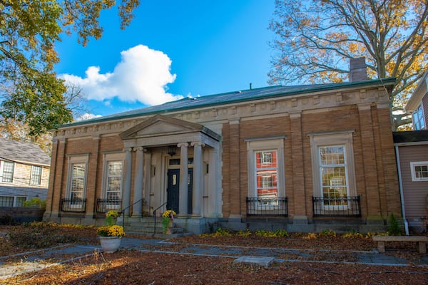 Russell Library at 13 North Street in historic town center of Plymouth, Massachusetts MA, USA.
