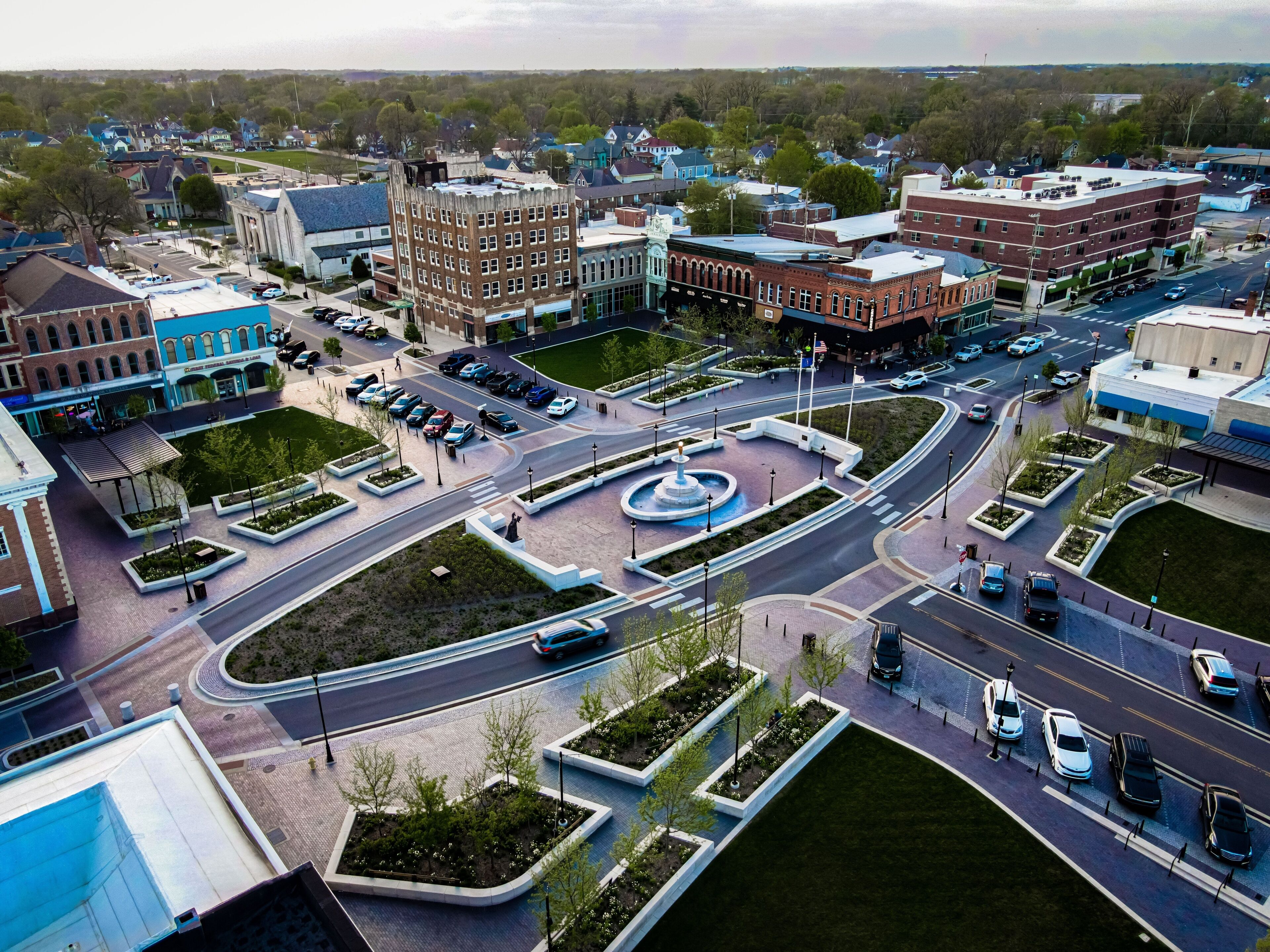 Aerial view of beautiful downtown Shelbyville, Indiana, with the architecture and streets