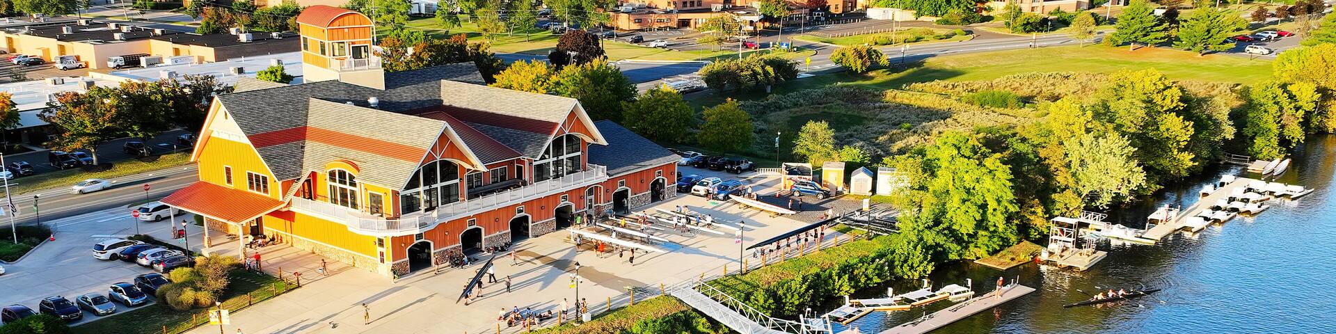 Aerial View of a Boathouse on a River