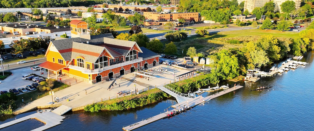 Aerial View of a Boathouse on a River