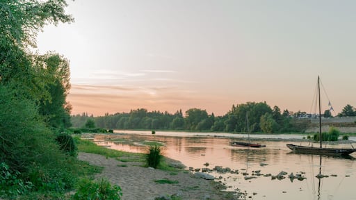 wooden riverboats ona calm Loire River at sunset in the French countryside near Orleans