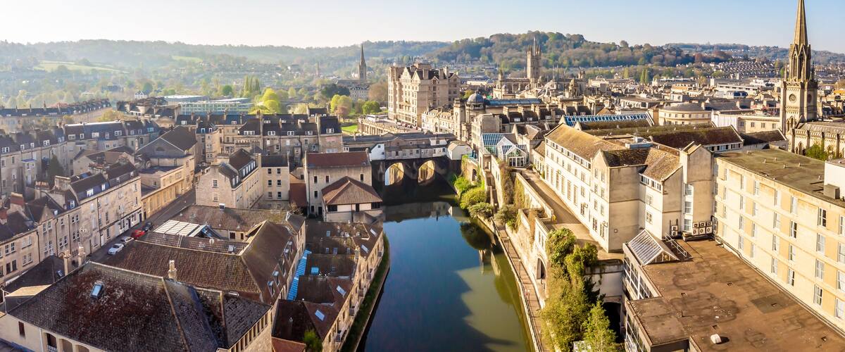 Aerial view of Pulteney bridge in Bath, England