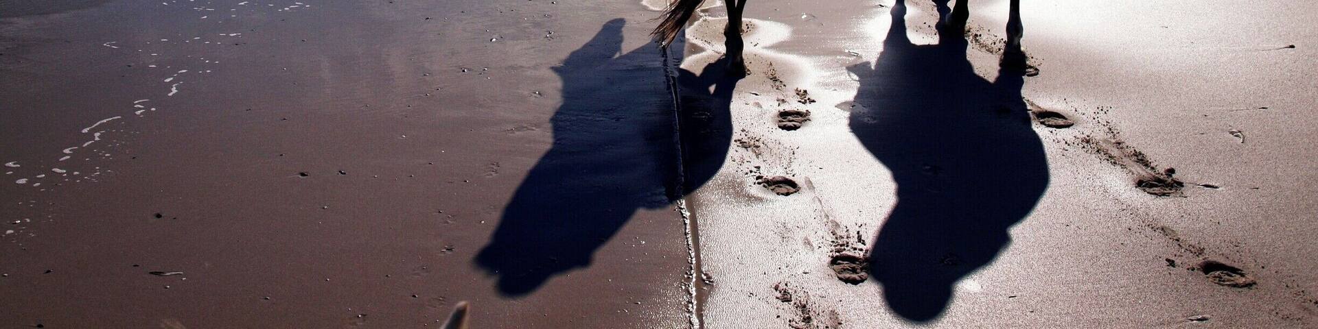Two people riding horses on a beach with mountains in the background.