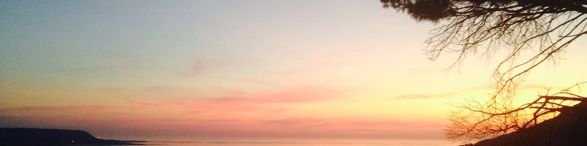 A sunset over a calm lake with silhouettes of trees and a boat.