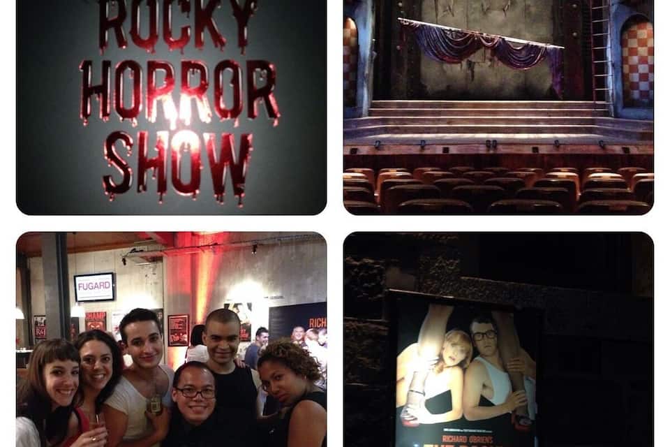 A theater interior, a poster for 'The Rocky Horror Show', and a group of people.