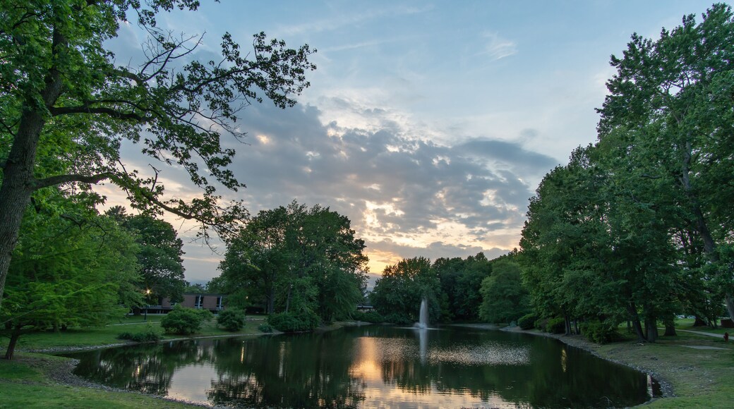 East Brunswick, New Jersey - May 25, 2019: A landscape view of a local pond can be found in the heart of the town with a sidewalk wrapping around it for a scenic and leisurely stroll.