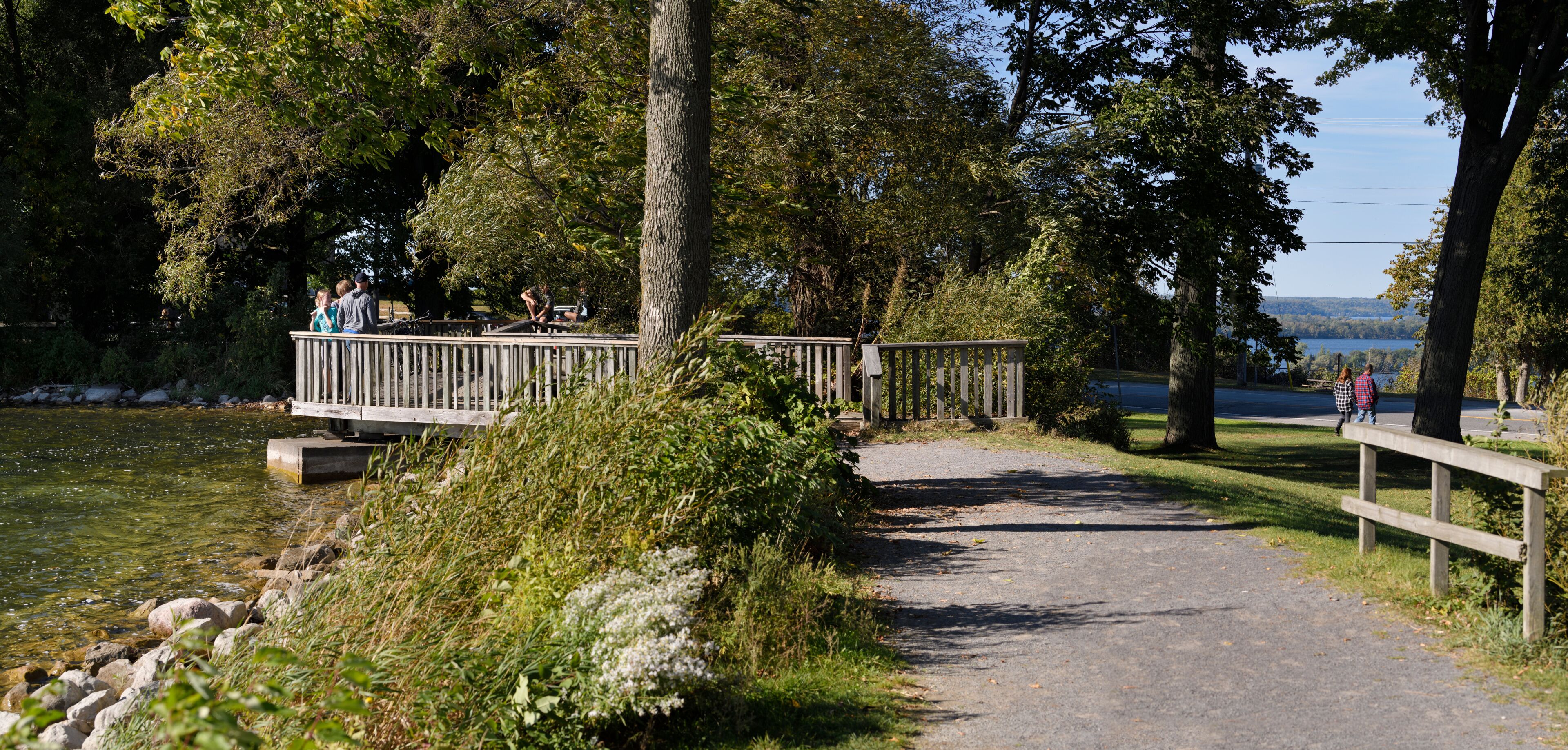 A wooden bridge over a river, surrounded by trees and a clear sky.