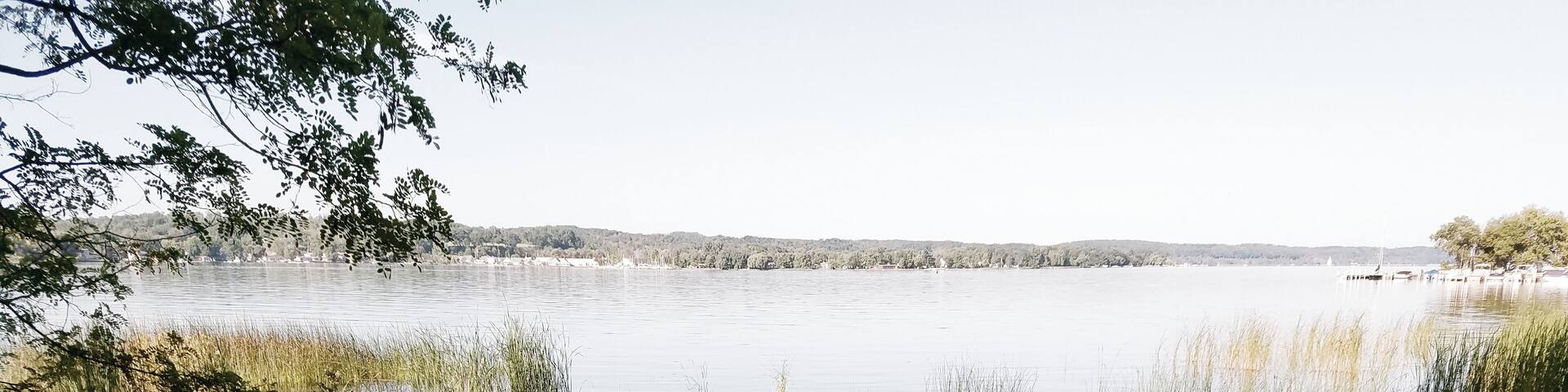 A wooden boat on a calm lake with reeds and trees in the background.