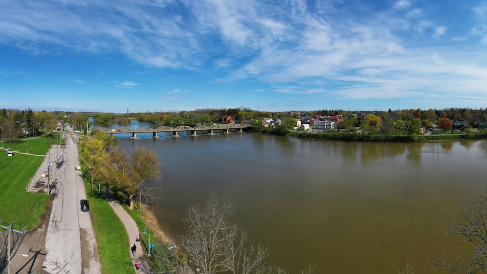 Aerial panorama view of Caledonia, Ontario, Canada along the Grand River