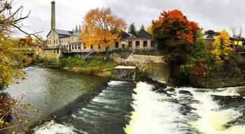 Panorama of the Grand River at Fergus, Ontario, Canada in Autumn
