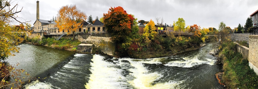 Panorama of the Grand River at Fergus, Ontario, Canada in Autumn
